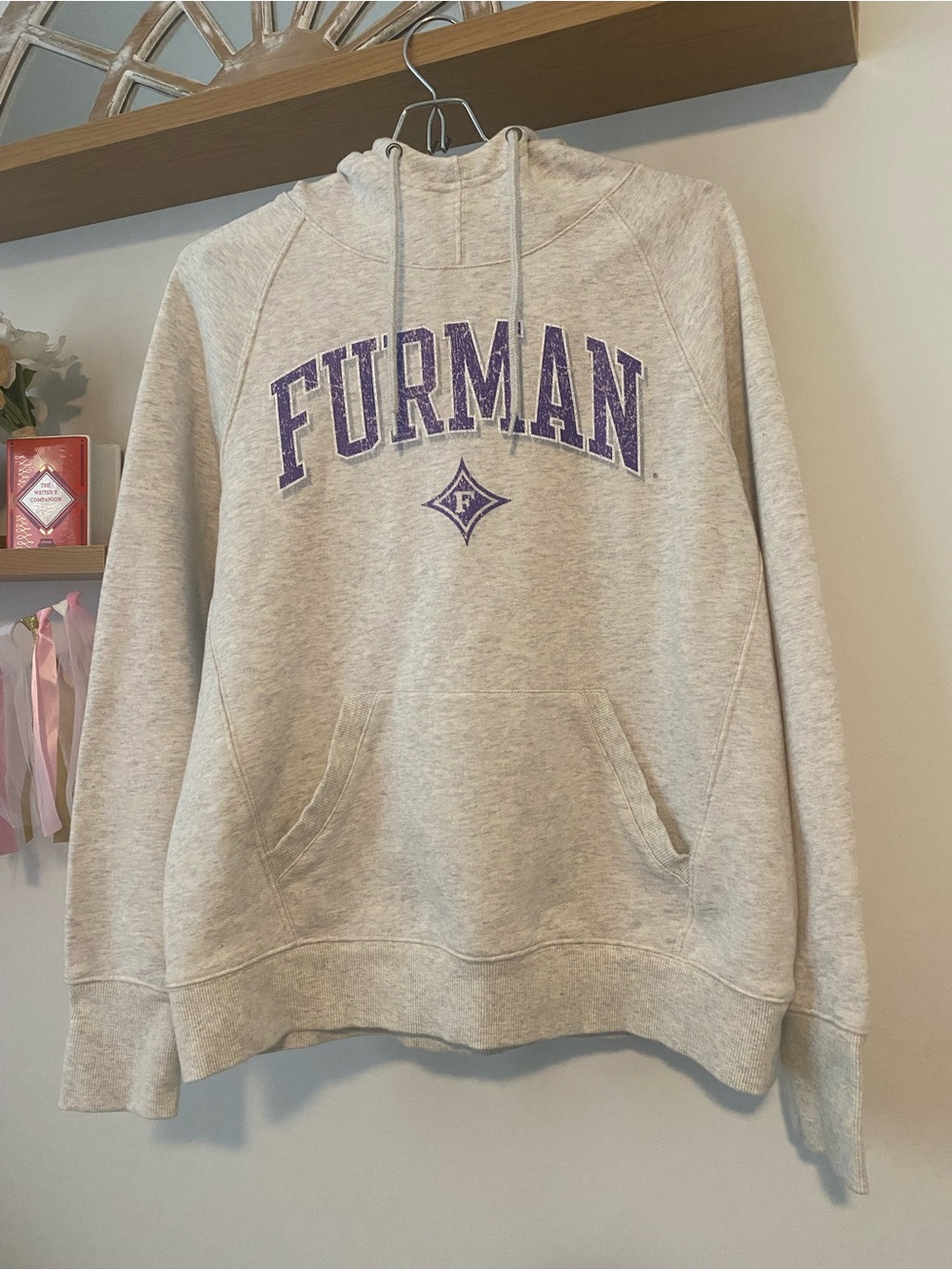 Furman Arch Logo Hooded Sweatshirt - Light Gray with Purple